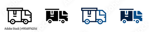 Conjunto de iconos de transporte de mercancías. Camión de carga, logística, distribución comercial, envío de productos, movimiento industrial, servicio de entrega. Ilustración vectorial