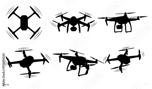 Flying Drone Silhouettes Bundle Black UAV Aircraft Vector Design Set
