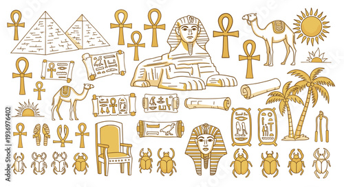 Golden Egyptian Hieroglyphs Symbols Pyramids Sphinx Camel Scarab Pharaoh and Palm Trees Ancient Civilization Icons