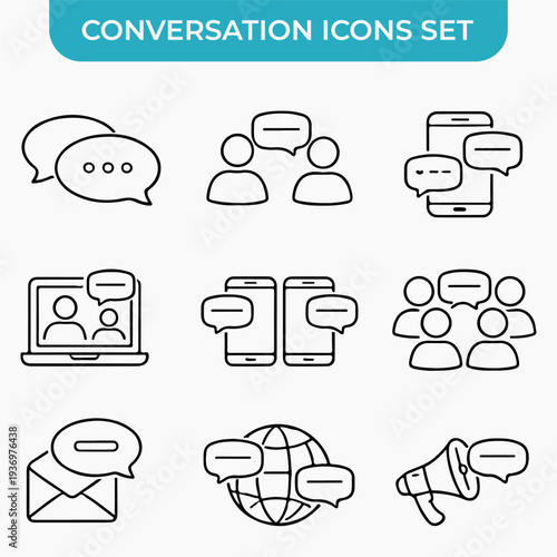 Digital Communication Icons: A sleek collection of communication icons representing various modes of interaction, from direct conversations to global discussions. 