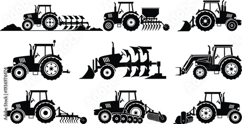 Agricultural tractor with farming equipment silhouettes set including plow, seeder, loader and cultivator machines for modern agriculture operations