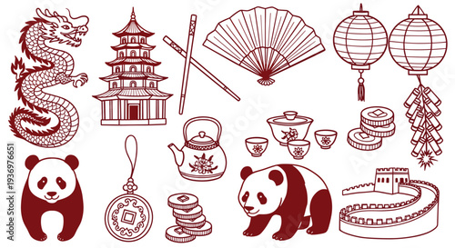 Traditional Chinese Cultural Symbols Collection Featuring Dragon Pagoda Lanterns Pandas Chopsticks Tea Set and Great Wall Elements