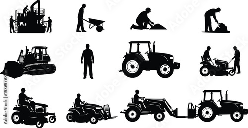 Construction and landscaping worker silhouettes set with bulldozer, tractor, lawn mower, wheelbarrow and manual labor activities collection