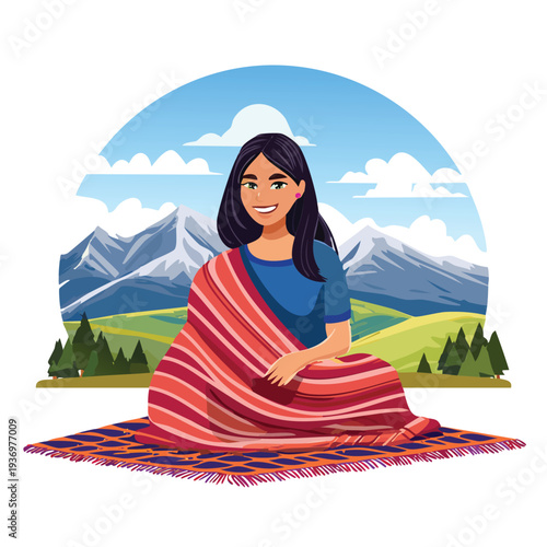 Woman seated outdoors wrapped in shawl with mountains