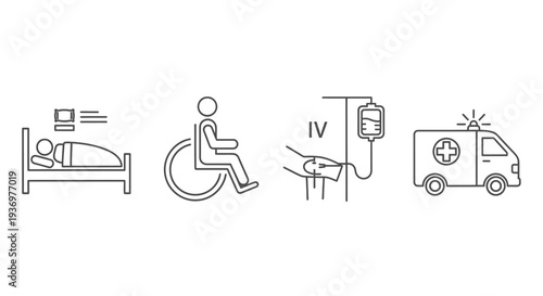 Line art icons depicting various medical and healthcare services including a patient in bed, a wheelchair, an IV drip, and an ambulance.