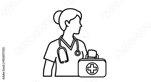Line art drawing of a female nurse with a stethoscope and a first aid kit, representing healthcare and medical assistance.