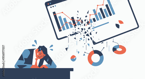 A stressed person overwhelmed by breaking financial data and collapsing business analytics on a screen.