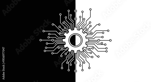 Abstract digital circuit gear on a split black and white background representing technology and balance.
