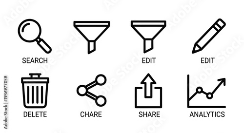 A collection of eight black outline icons representing common user interface actions like search, edit, delete, share, and analytics.