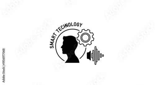 Black and white graphic illustrating smart technology with a human head, gear, and sound wave icons.