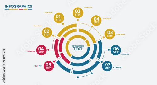 Circular infographic template with 7 steps and segmented rings for process visualization and data presentation.