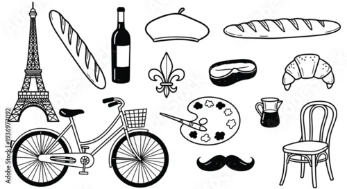 Fototapeta Iconic Parisian symbols including Eiffel Tower, bicycle, bread, wine, beret, and art palette evoke French culture and lifestyle