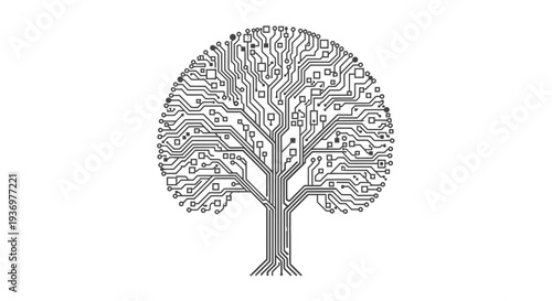 A monochrome illustration depicting a tree with branches and leaves formed by intricate electronic circuit board patterns, symbolizing the intersection of nature and technology.