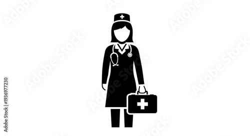 Black and white silhouette of a female nurse with a stethoscope and medical bag, representing healthcare and medical profession.
