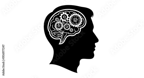 Silhouette of a human head with intricate gears and cogs inside the brain, symbolizing thought, intelligence, and mechanical thinking process.