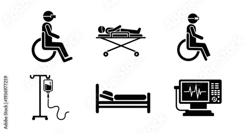Set of black silhouette medical and hospital icons including wheelchair, gurney, IV drip, bed, and vital signs monitor.