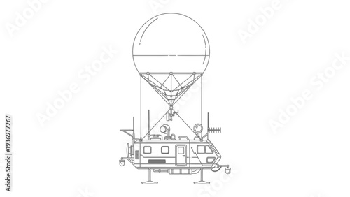 Atmospheric Probe schematic: A detailed schematic illustration showcasing an atmospheric probe, suspended beneath a tethered aerostat, used for environmental and meteorological data gathering.