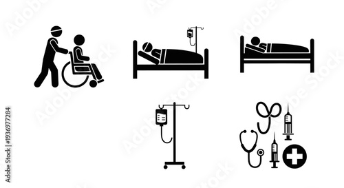 Collection of black and white healthcare icons depicting patient care, medical equipment, and hospital settings.