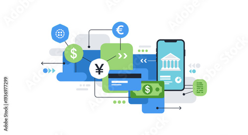 FinTech Mobile Banking Concept Illustration. Online Payment, Currency Exchange, and Digital Finance Network.