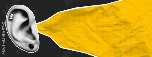 Ear sticker background and halftone collage cover with grunge pop cutout. Conversation podcast music and radio talk sound with element art show. Studio ear trendy and media halftone poster.