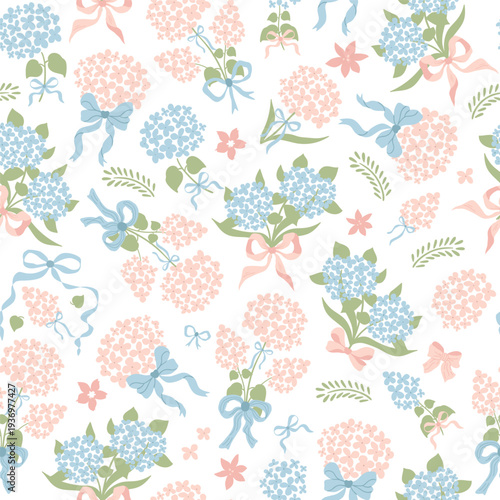 Grandmillennial hydrangea, bows ribbons seamless pattern in hand-drawn style. Vector retro summer garden flower on white background. Elegance wedding, botanical repeat print, textile design, wallpaper