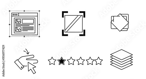 Collection of six line icons representing web design, user interface, image editing, interaction, rating, and layering concepts.
