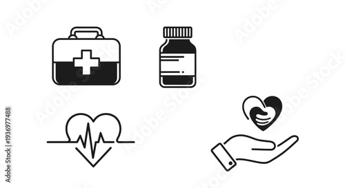A collection of health and medical line icons including a first aid kit, medicine bottle, heartbeat, and a hand holding a heart, symbolizing care and wellness.
