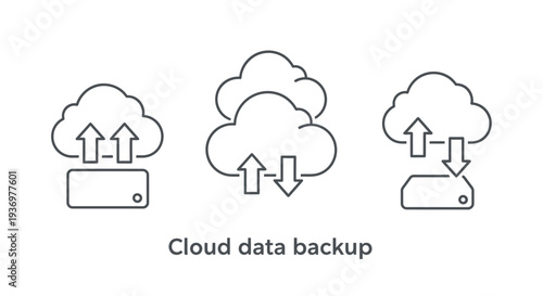 Line art icons illustrating cloud data backup, upload, download, and synchronization processes with servers and multiple clouds.