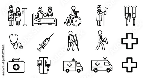 Medical Healthcare and Hospital Outline Icons Set with doctors, patients, and ambulance, isolated white background.