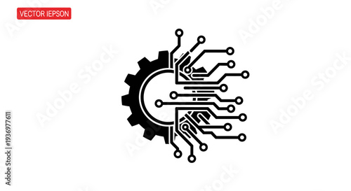 Wallpaper Mural Black silhouette of a gear integrated with a circuit board pattern, symbolizing mechanical and digital technology fusion. Torontodigital.ca