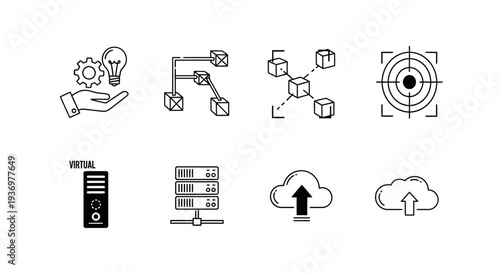 A collection of technology and business solution line icons including networking, data, servers, cloud services, and innovation concepts.