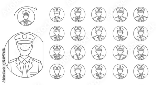 Line art icons of a uniformed officer, presented as avatar profiles and a larger detailed illustration for professional services.