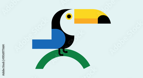 A minimalist and geometric illustration of a toucan with a large yellow beak, black body, blue wing, and white face, perched on a green branch against a light blue background.