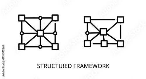 Two abstract diagrams illustrating structured frameworks, one symmetrical and one slightly irregular, composed of interconnected squares and circles, with the text 'STRUCTURED FRAMEWORK' below.