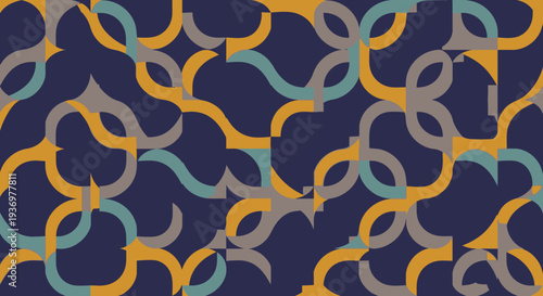 Abstract seamless pattern featuring interconnected flowing shapes in mustard yellow, teal, and grey on a dark blue background, evoking a modern arabesque design.