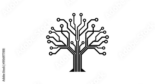 A black and white illustration of a tree with branches and trunk designed like electronic circuit board traces and components.