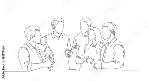 Continuous line drawing of five people standing together, talking and socializing in a casual setting.