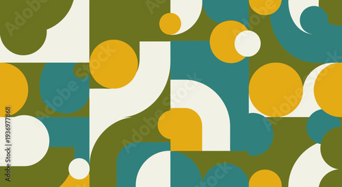 Abstract geometric pattern with interlocking circles, quarter circles, and curved shapes in a modern, retro-inspired color palette of green, teal, yellow, and cream.