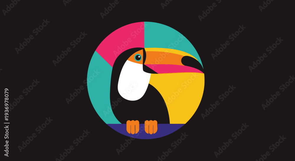 Naklejka premium Abstract Colorful Geometric Toucan Bird Head in Profile on a Dark Background, modern art.
