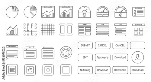 A collection of outlined user interface elements, including charts, graphs, gauges, data tables, text boxes, and various action buttons for web and app design.