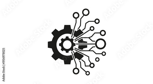 Digital gear icon representing the integration of mechanical engineering with advanced technology and data processing for modern industrial systems.