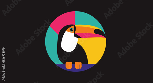 Abstract Colorful Geometric Toucan Bird Head in Profile on a Dark Background, modern art.