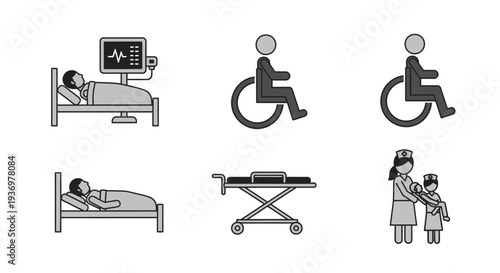 Set of Medical and Healthcare Icons with Patient Bed, Wheelchair and Nurse Care, isolated white background.
