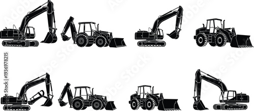 Excavator and tractor loader silhouettes set, heavy construction machinery vehicles for digging, earthmoving and industrial engineering work