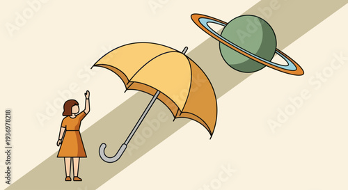 Woman holding umbrella towards planet Saturn.