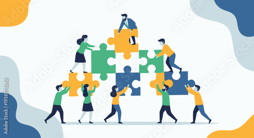 Diverse group of people collaborating to assemble puzzle pieces together on an abstract background with wavy shapes.