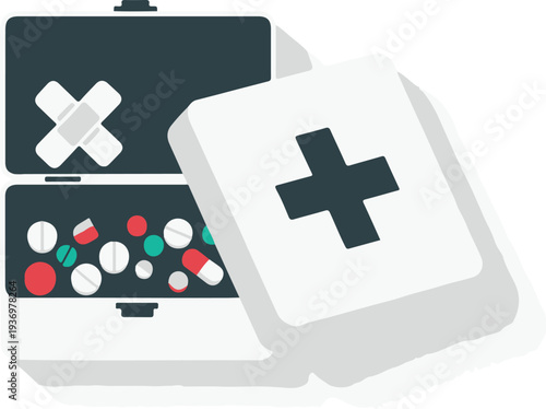 A first aid kit with pills and bandages on a white background