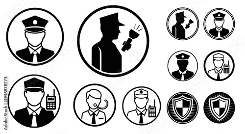 Set of black and white police officer and security-related icons depicting various law enforcement roles and protection symbols on an isolated white background.