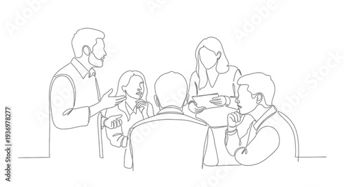 Group of professional business people actively collaborating and discussing during a meeting in an office setting, continuous line drawing.