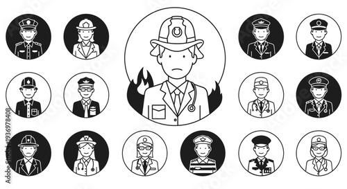 Set of diverse professional avatars including police officers, doctors, and a central sad male firefighter with flames, isolated white background.